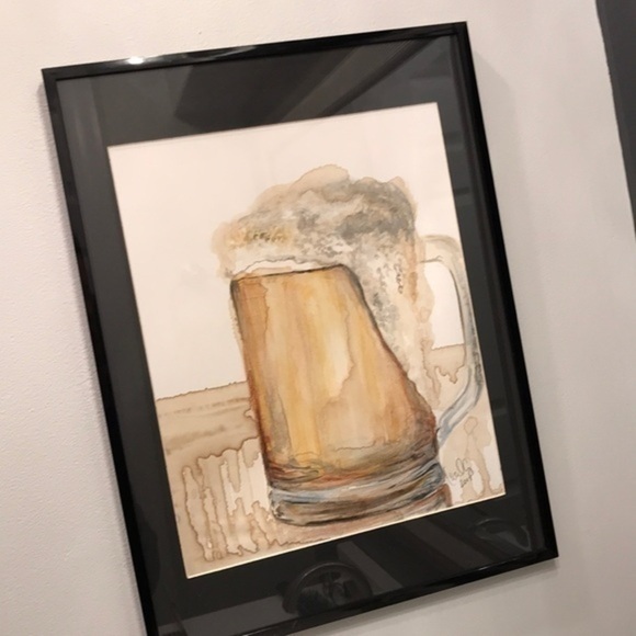 Framed original art mug of beer painted WITH beer and ink in 12x16” frame - Picture 3 of 8